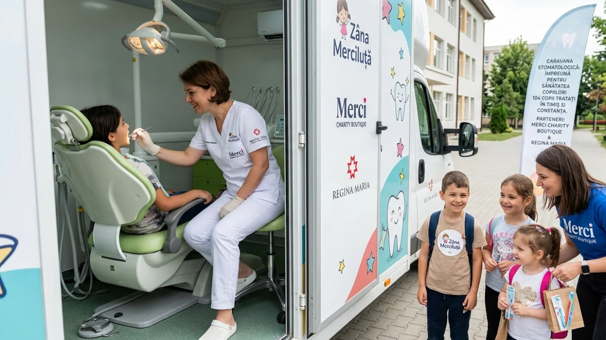 Caravana stomatologică Merci Charity și Regina Maria: 104 copii tratați gratuit în Timiș și Constanța